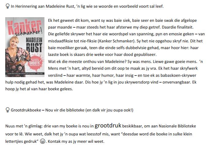 Nuusbrief met inligting oor Ilse Verster skrywer, en haar boek So lyk 'n vrou