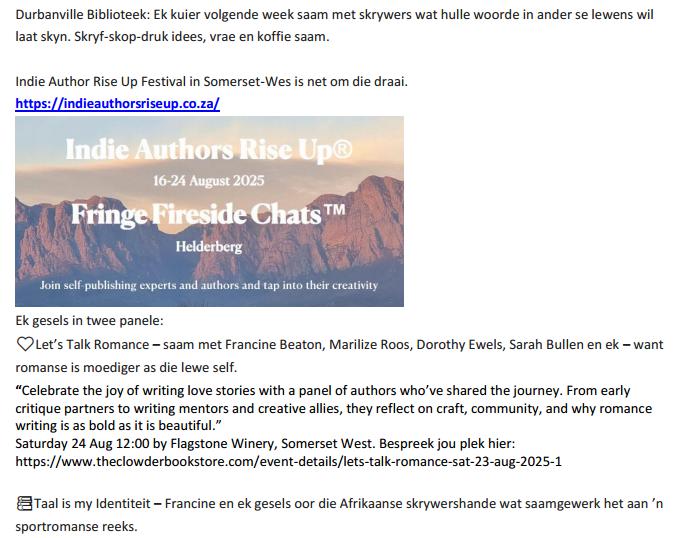 Indie Author Rise Up Festival in Kaapstad, waar Elsabe Welman deel van 'n paneel is vir Romance Authors